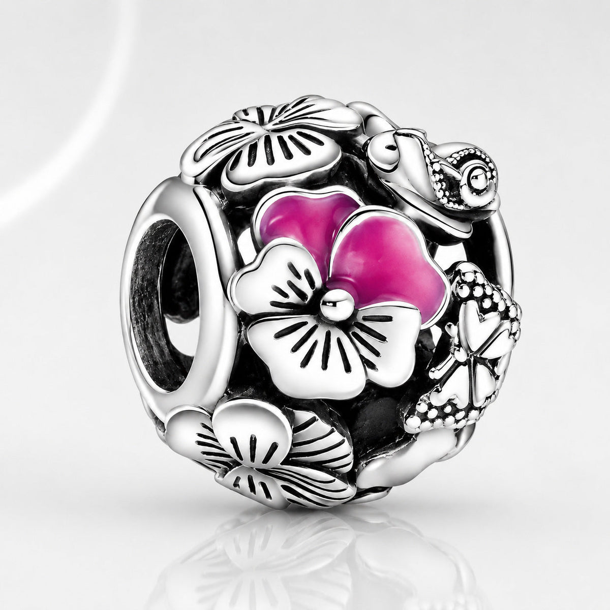 S925 Pansy Flowers Caterpillar Butterfly Regal Crown Sterling Silver Charm Collection
