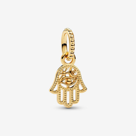 Protective Golden Hamsa Hand Dangle Charm Hallmarked S925 Sterling Silver
