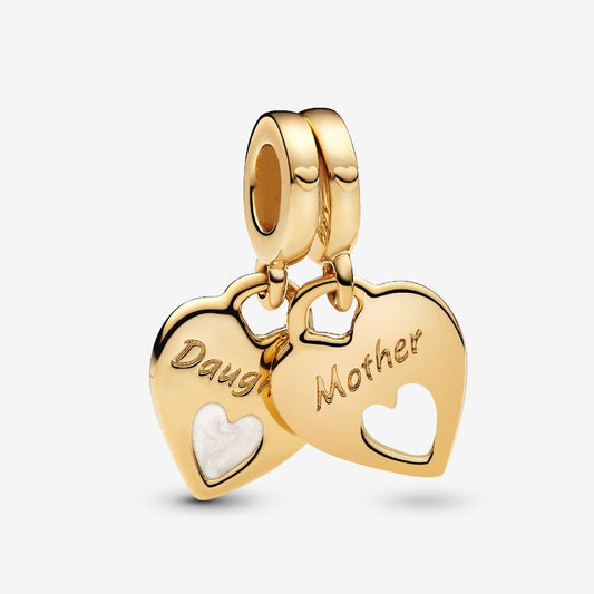 Double Heart gold mother daughter Split Dangle Charm Hallmarked S925 Sterling Silver
