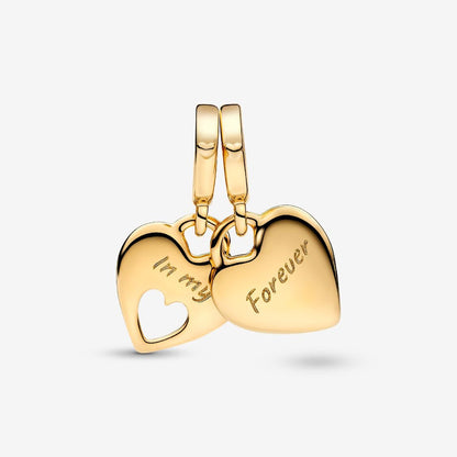 Double Heart gold mother daughter Split Dangle Charm  S925 Sterling Silver