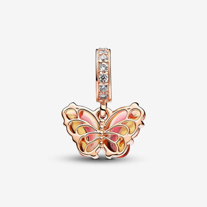 Pink & Yellow Murano Glass Butterfly Dangle Charm S925 Sterling Silver