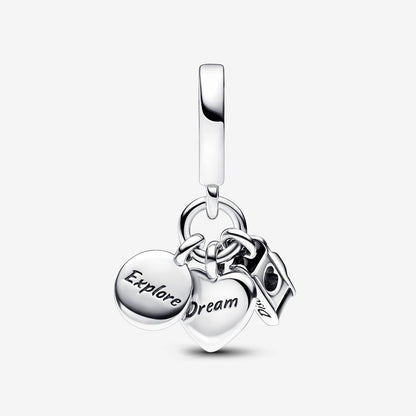 Camera, Heart & Compass Triple Dangle Charm S925 Sterling Silver