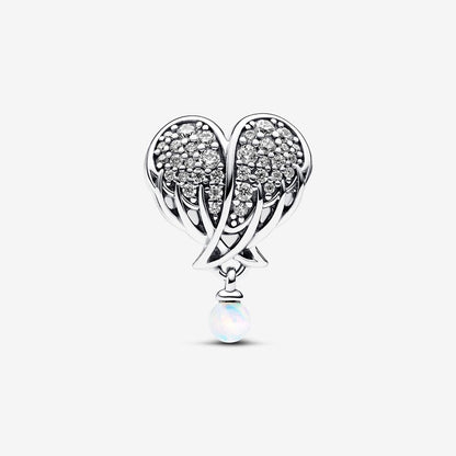 Sparkling Angel Wings & Heart Charm  S925 Sterling Silver