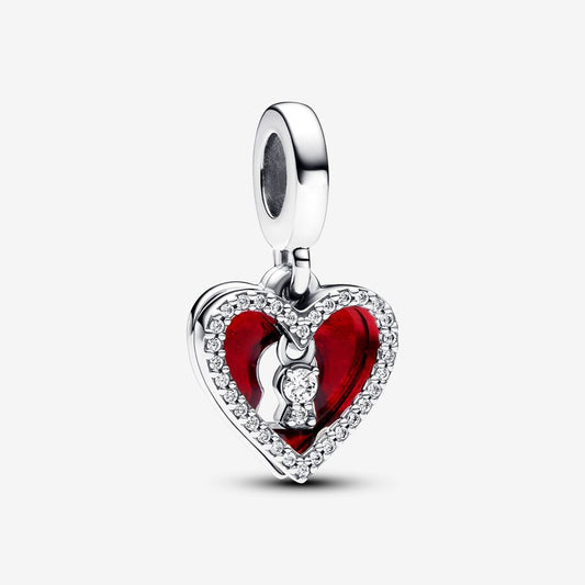 Red Heart & Keyhole Double Dangle Charm S925 Sterling Silver