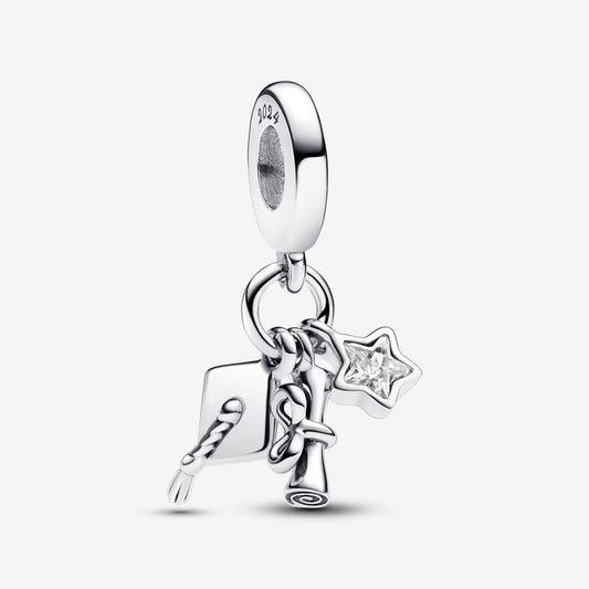 Graduation Triple Dangle Charm Hallmarked S925 Sterling Silver