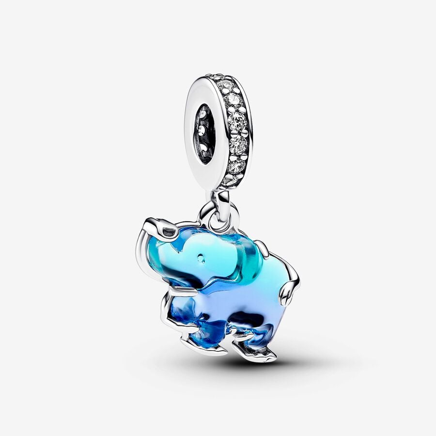 Blue Murano Glass Elephant Dangle Charm S925 Sterling Silver