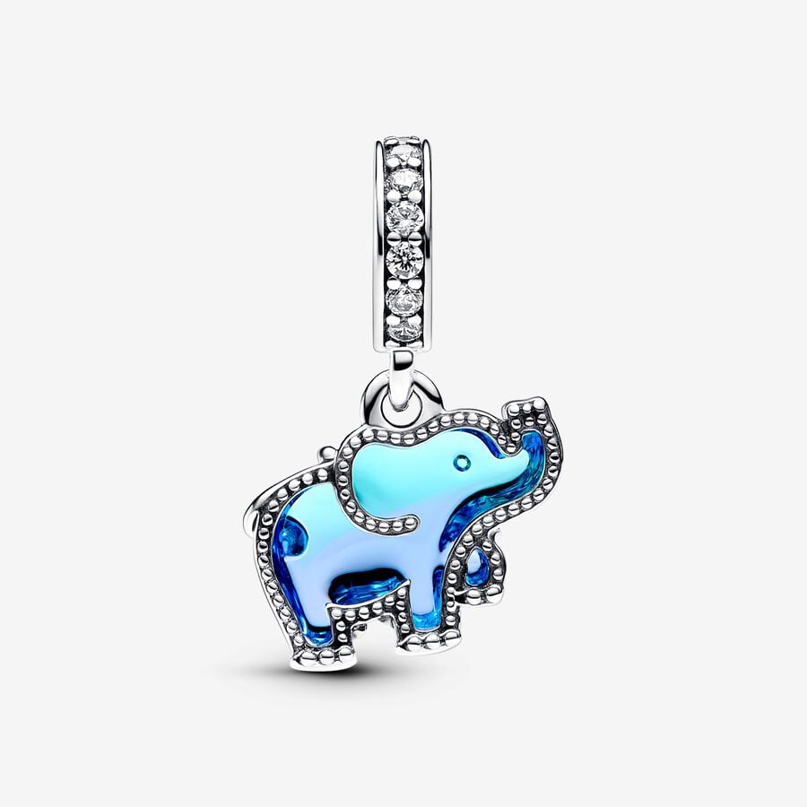 Blue Murano Glass Elephant Dangle Charm S925 Sterling Silver