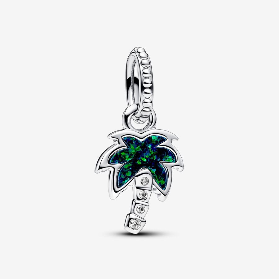 Opalescent Green Palm Tree Dangle Charm S925 Sterling Silver