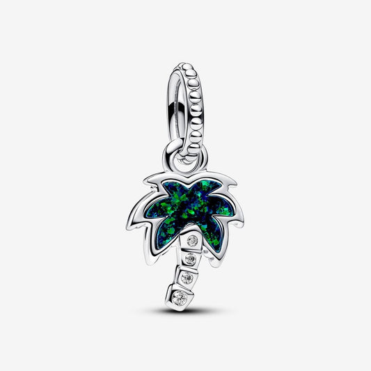Opalescent Green Palm Tree Dangle Charm S925 Sterling Silver