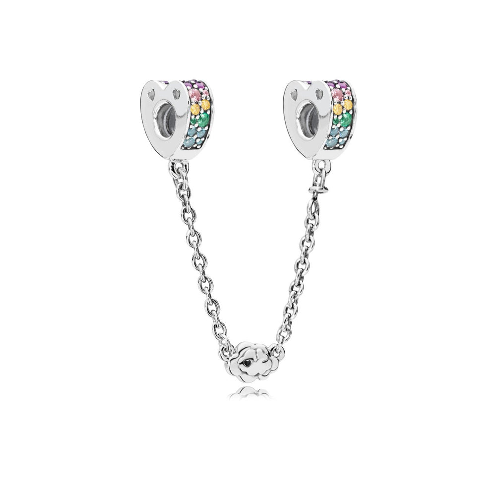 Rainbow Pave Heart Safety Chain Charm S925 Sterling Silver
