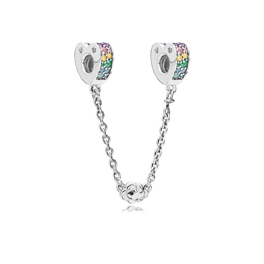 Rainbow Pave Heart Safety Chain Charm Hallmarked S925 Sterling Silver