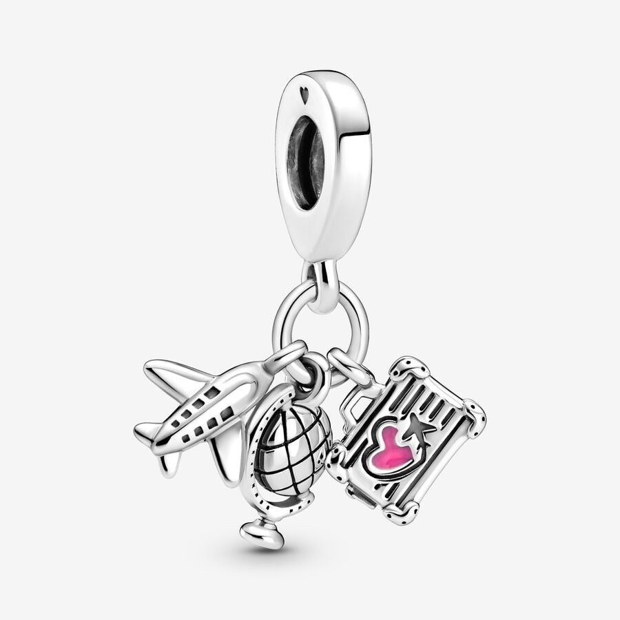 Airplane, Globe & Suitcase Travel Dangle Charm S925 Sterling Silver