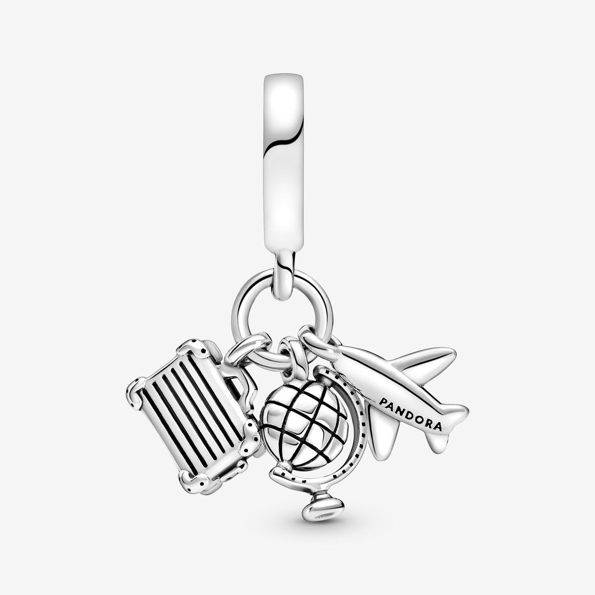 Airplane, Globe & Suitcase Travel Dangle Charm S925 Sterling Silver