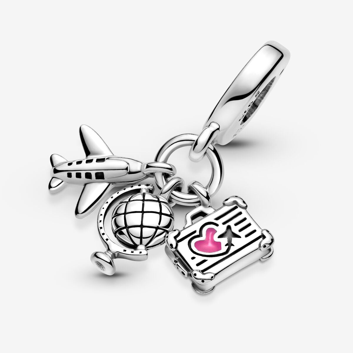 Airplane, Globe & Suitcase Travel Dangle Charm S925 Sterling Silver