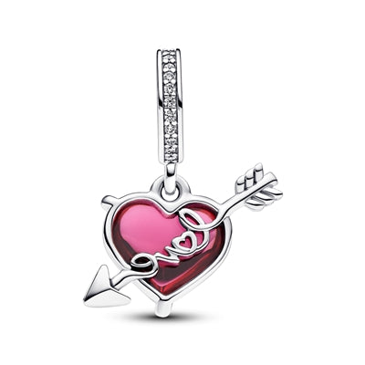 Red Heart & Arrow Murano Glass Dangle Charm S925 Sterling Silver
