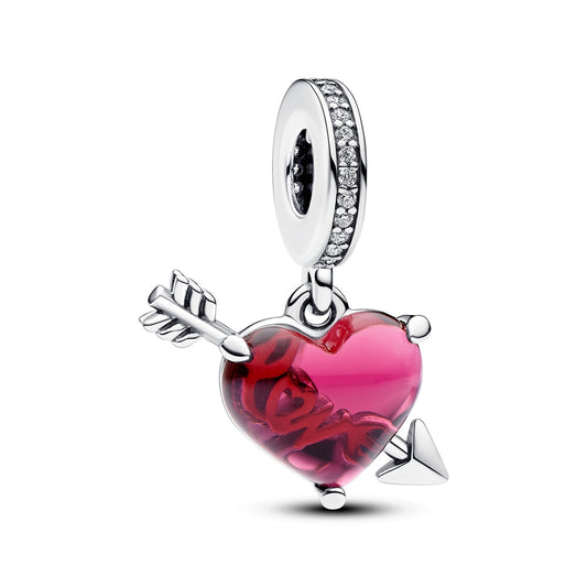 Red Heart & Arrow Murano Glass Dangle Charm S925 Sterling Silver