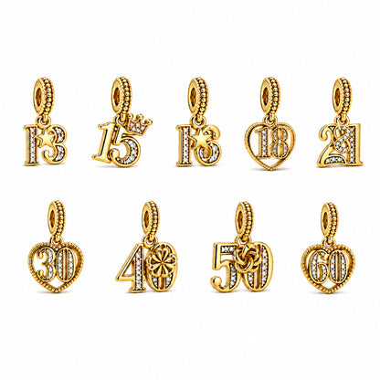 Gold Plated 13th 15th, 16th, 18th, 21st, 30th, 40th, 50th, 60th Birthday Dangle S925 Sterling Silver Charm