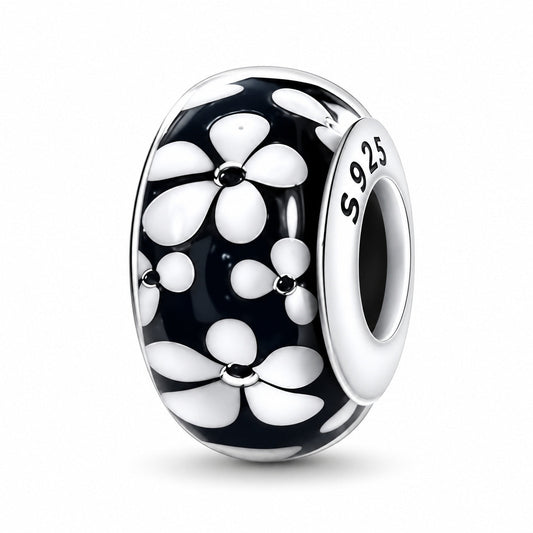 Black & White Flower Murano Charm  S925 Sterling Silver