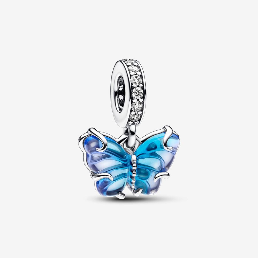 Blue Murano Glass Butterfly Dangle Charm S925 Sterling Silver