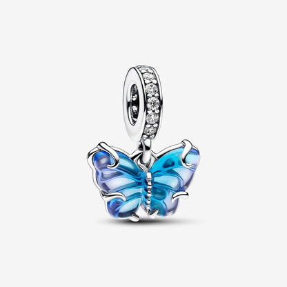 Blue Murano Glass Butterfly Dangle Charm S925 Sterling Silver