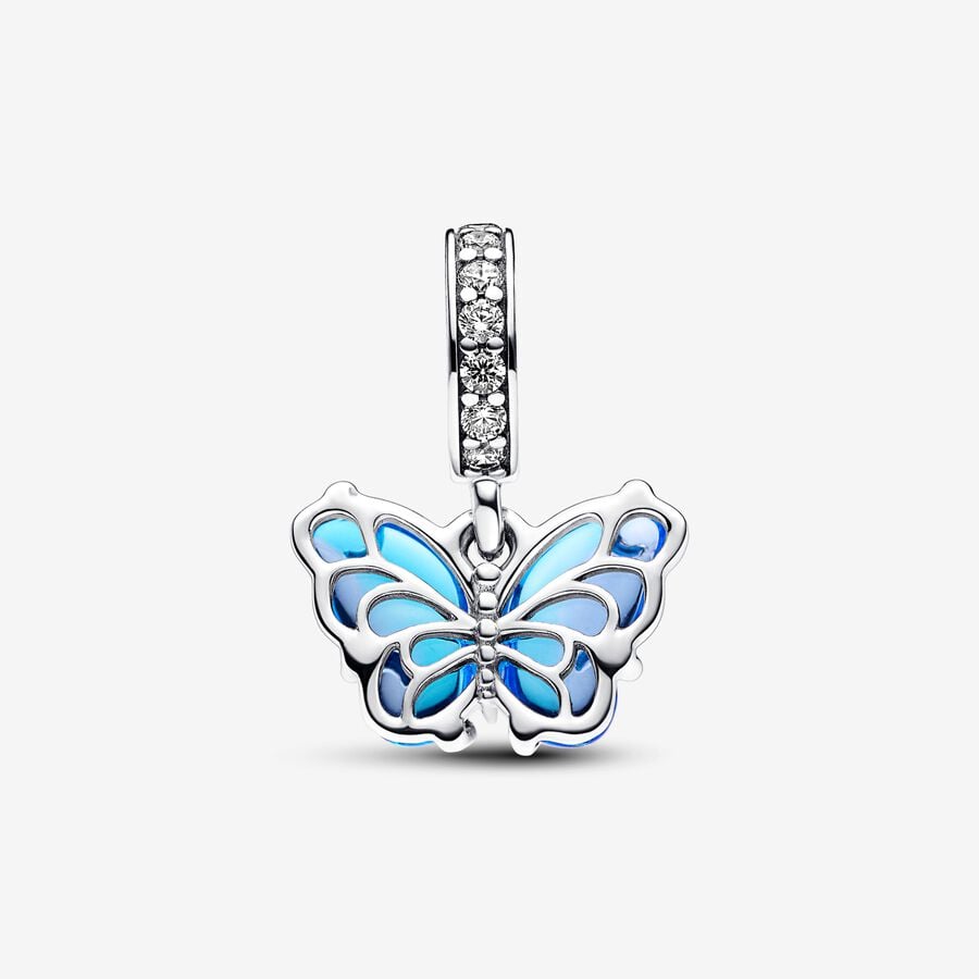 Blue Murano Glass Butterfly Dangle Charm S925 Sterling Silver