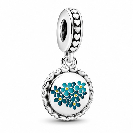 Blue Forget Me Not Flower Dangle Charm  S925 Sterling Silver