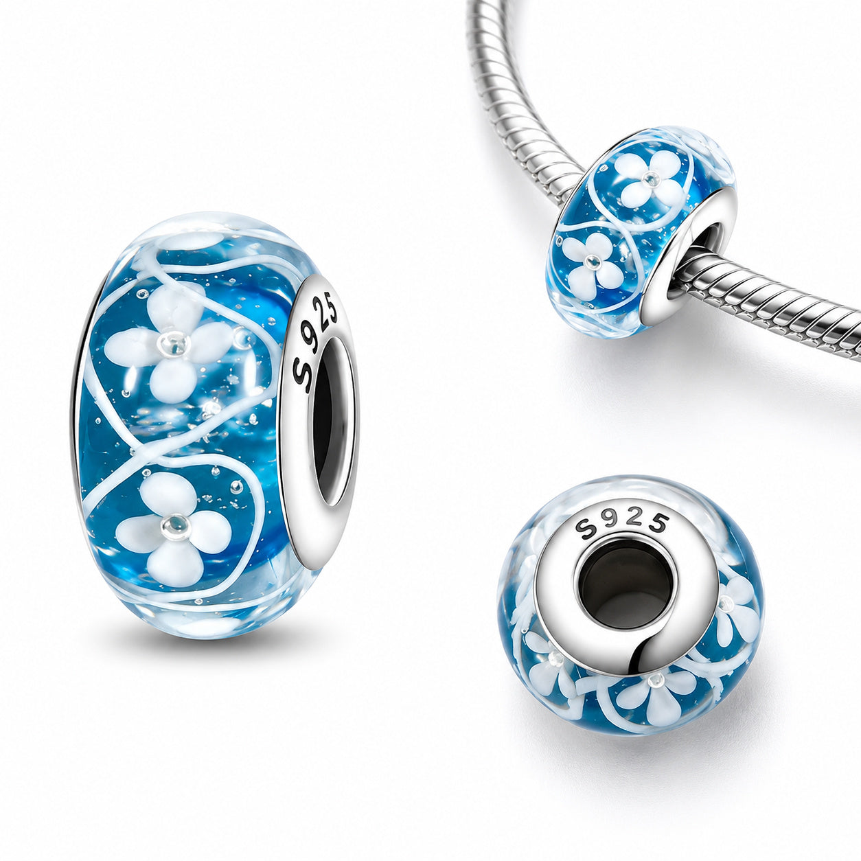 Blue Murano Glass Daisy Charm S925 Sterling Silver