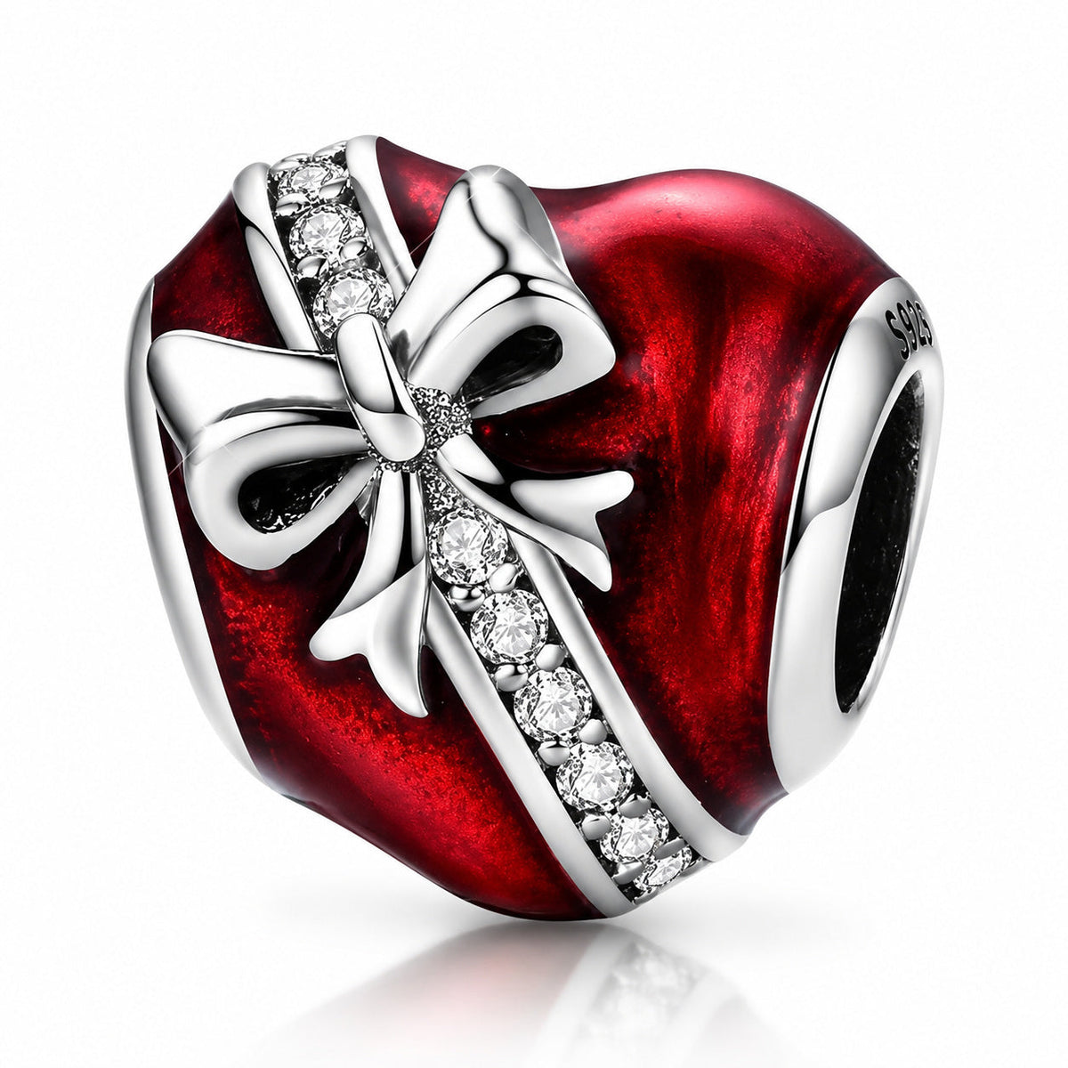 Bow Red Heart Charm  S925 Sterling Silver