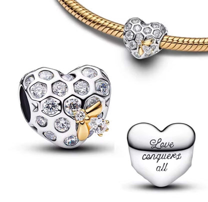Bridgerton Honeycomb & Bee Heart Dangle Charm S925 Sterling Silver