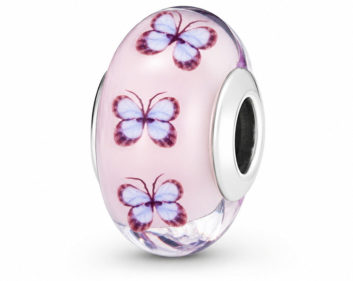 Butterfly Pink Murano Glass Bead Charm  S925 Sterling Silver