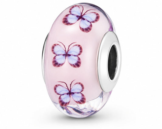 Butterfly Pink Murano Glass Bead Charm  S925 Sterling Silver