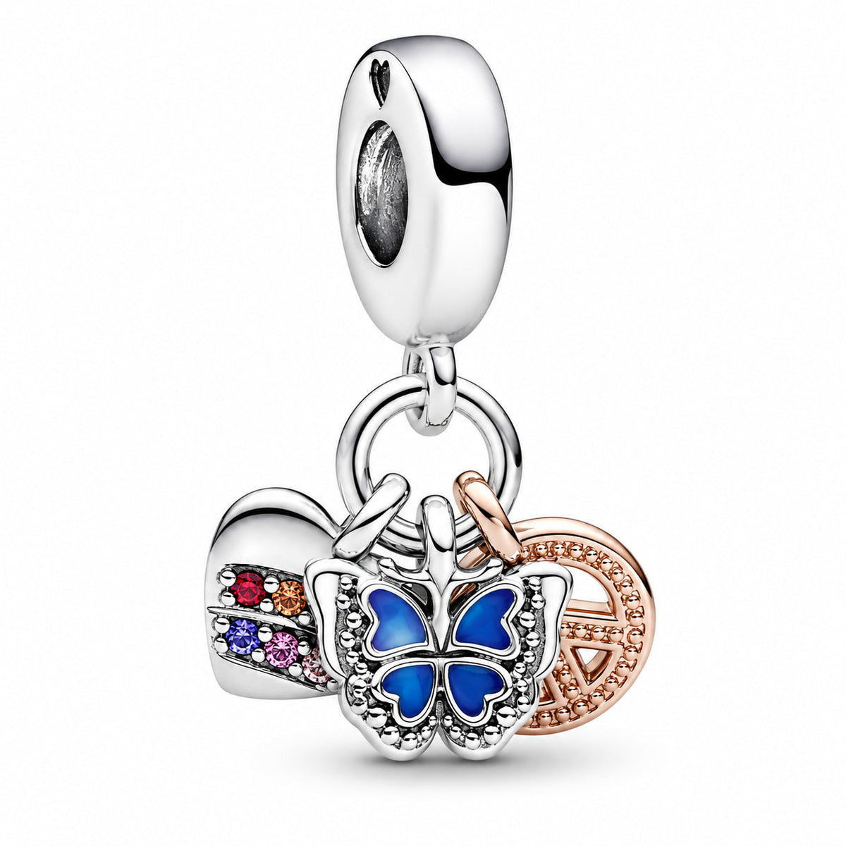 Butterfly, Peace & Rainbow Heart Triple Dangle Charm S925 Sterling Silver