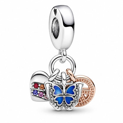 Butterfly, Peace & Rainbow Heart Triple Dangle Charm S925 Sterling Silver