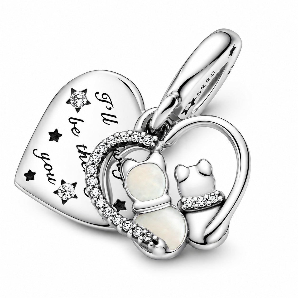 Cats & Heart Double Dangle Charm S925 Sterling Silver