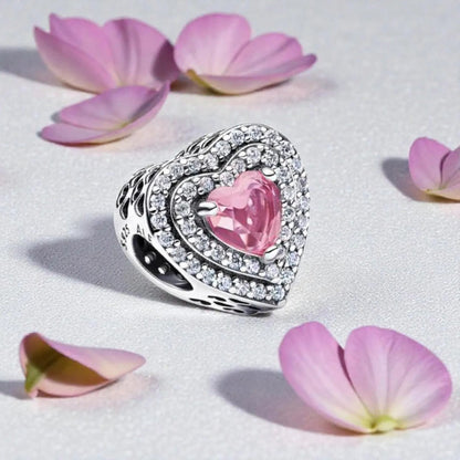Pink Sparkling Levelled Hearts Charm S925 Sterling Silver