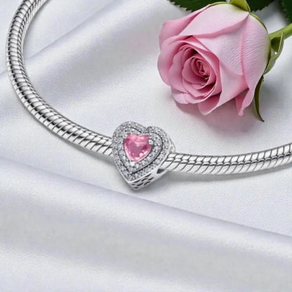 Pink Sparkling Levelled Hearts Charm S925 Sterling Silver