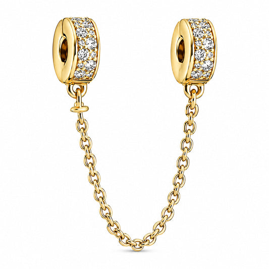 Clear Pave Golden Safety Chain Charm S925 Sterling Silver