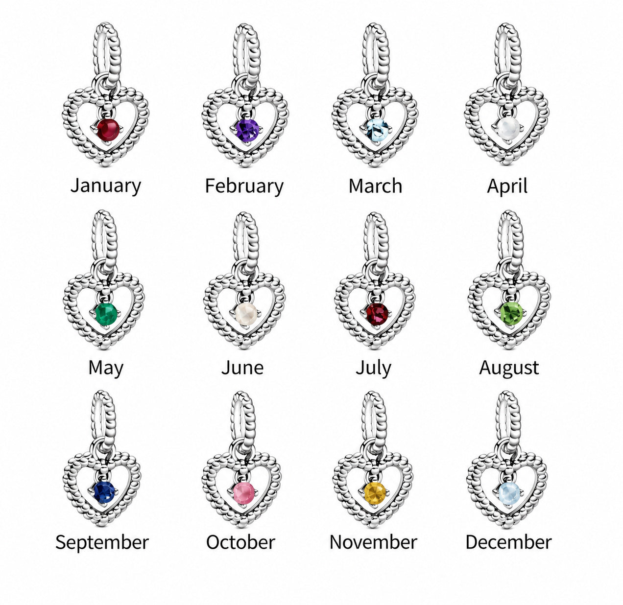 Birthstone Heart Months Dangle Silver Charm S925 Sterling Silver Charms Collection