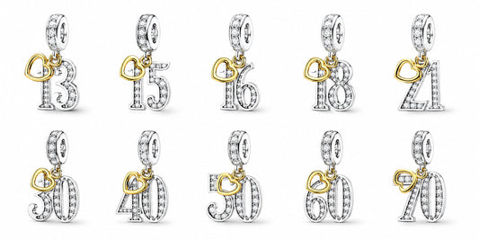 13th, 16th, 21st, 30th, 40th, 50th, 60th, 70th Gold Tag Birthday Dangle S925 Sterling Silver Charms