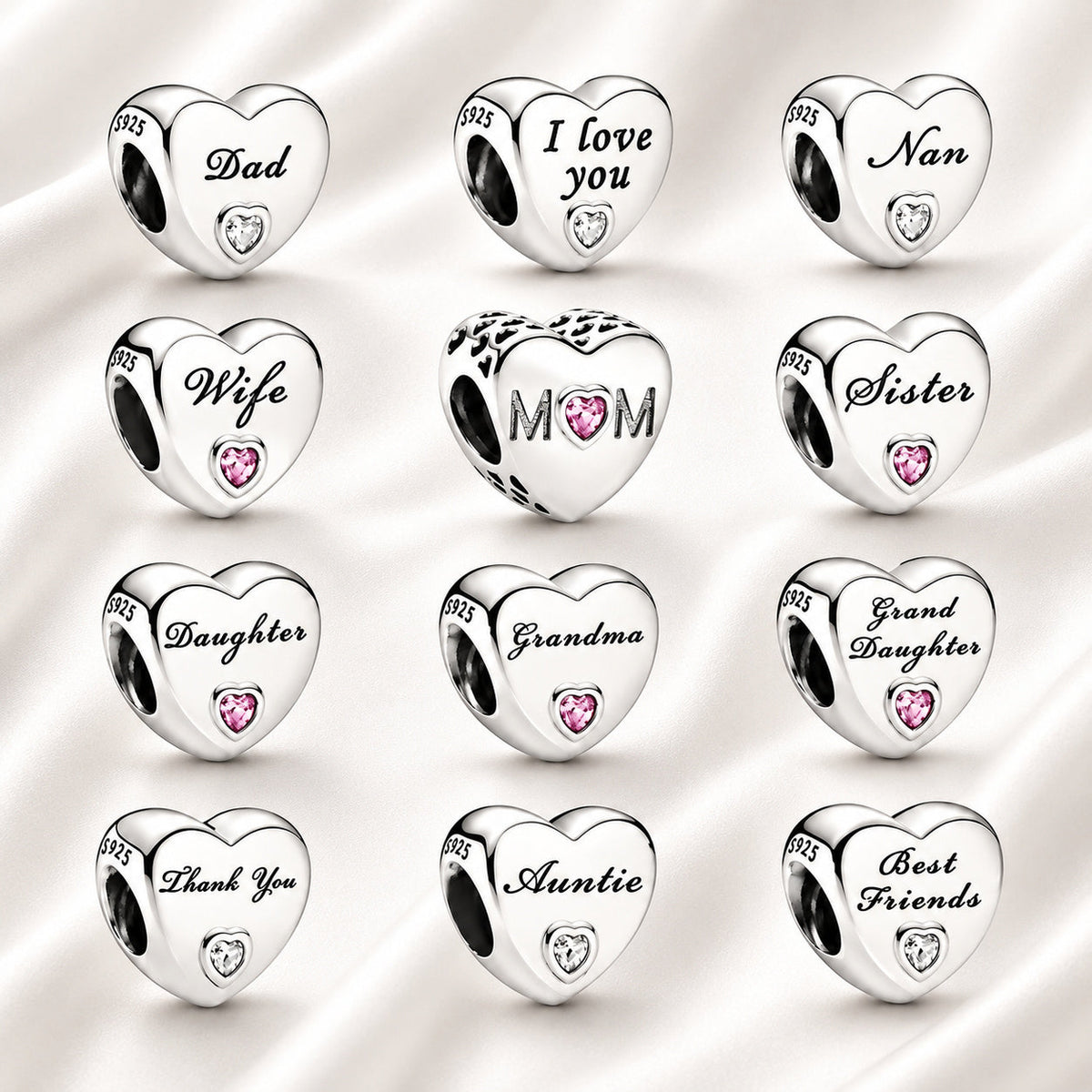 Family Hearts Bracelet Charm  S925 Sterling Silver