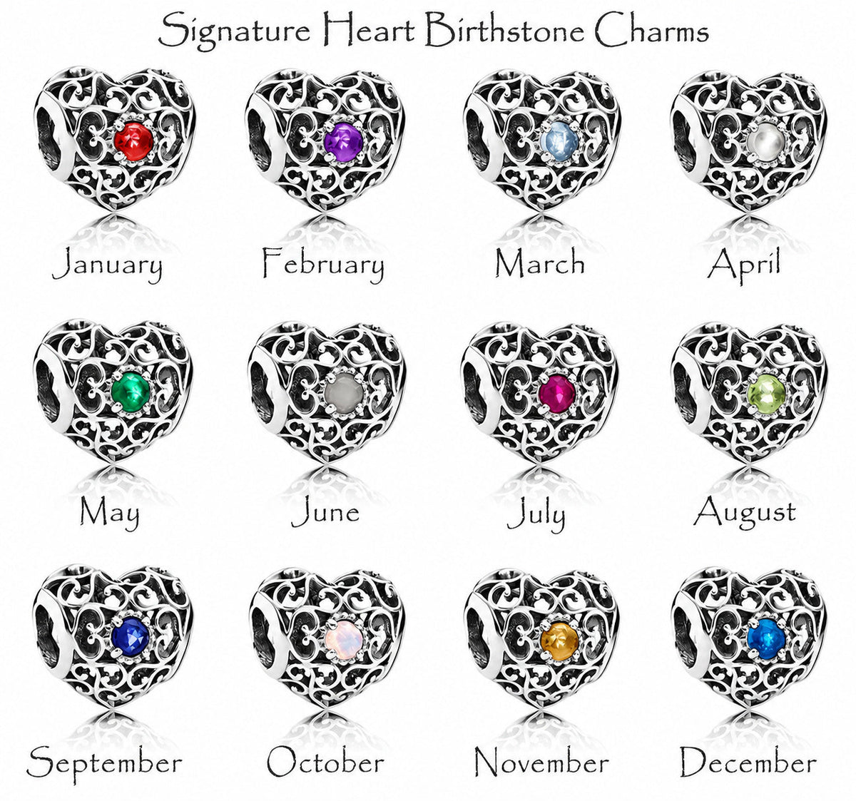 S925 Signature Heart Birthstone Months Charms Collection