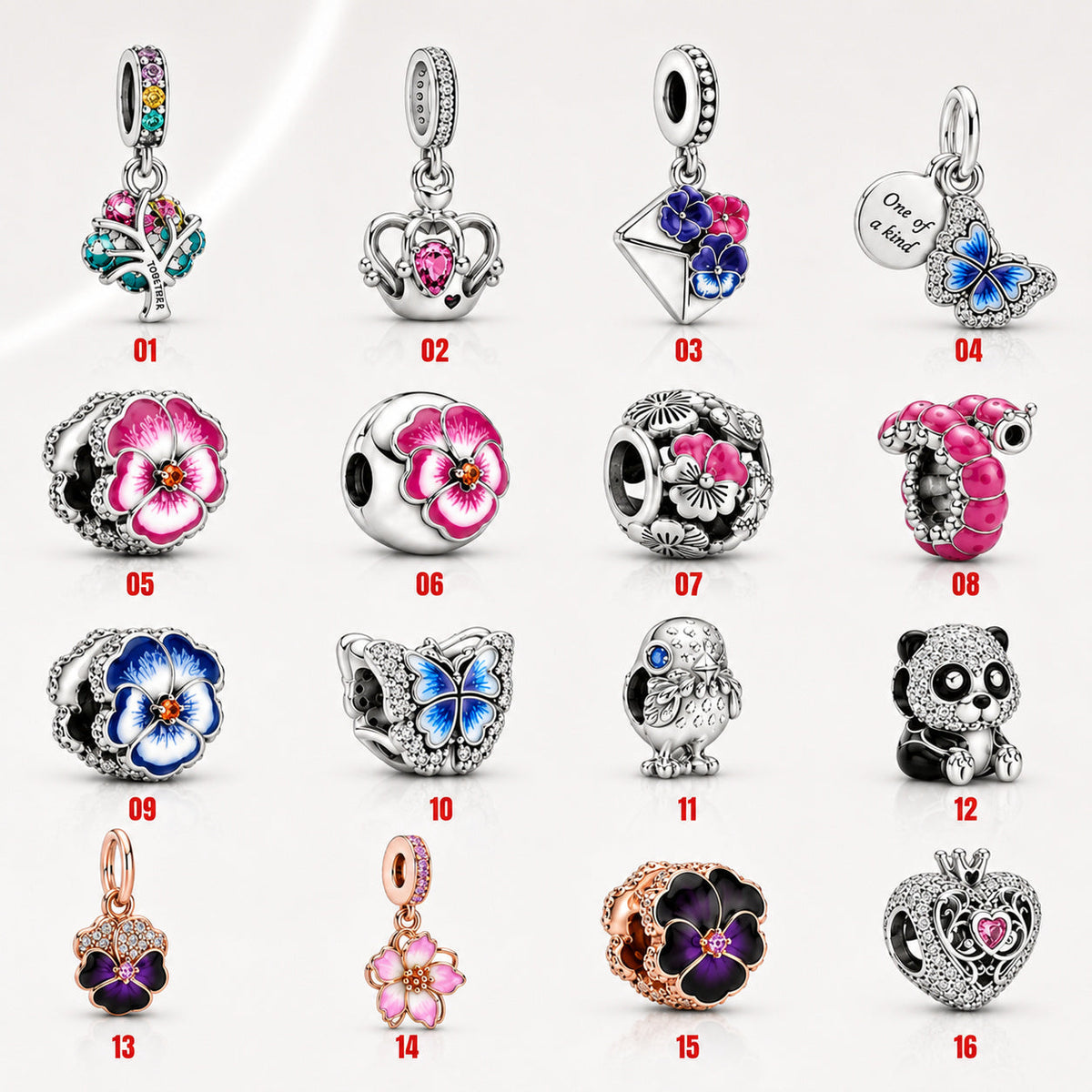 S925 Pansy Flowers Caterpillar Butterfly Regal Crown Sterling Silver Charm Collection