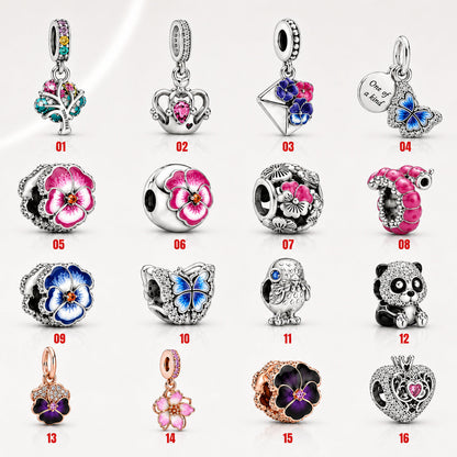 S925 Pansy Flowers Caterpillar Butterfly Regal Crown Sterling Silver Charm Collection