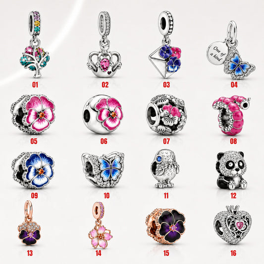 S925 Pansy Flowers Caterpillar Butterfly Regal Crown Sterling Silver Charm Collection