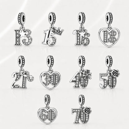 S925 Birthday Charms 15th,16th,18th,21st,30th,40th,50th,60th  Serling Dangle Silver Charms