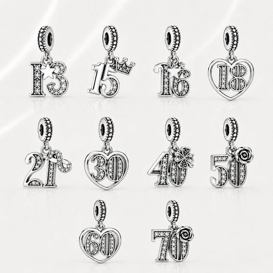 S925 Birthday Charms 15th,16th,18th,21st,30th,40th,50th,60th  Serling Dangle Silver Charms