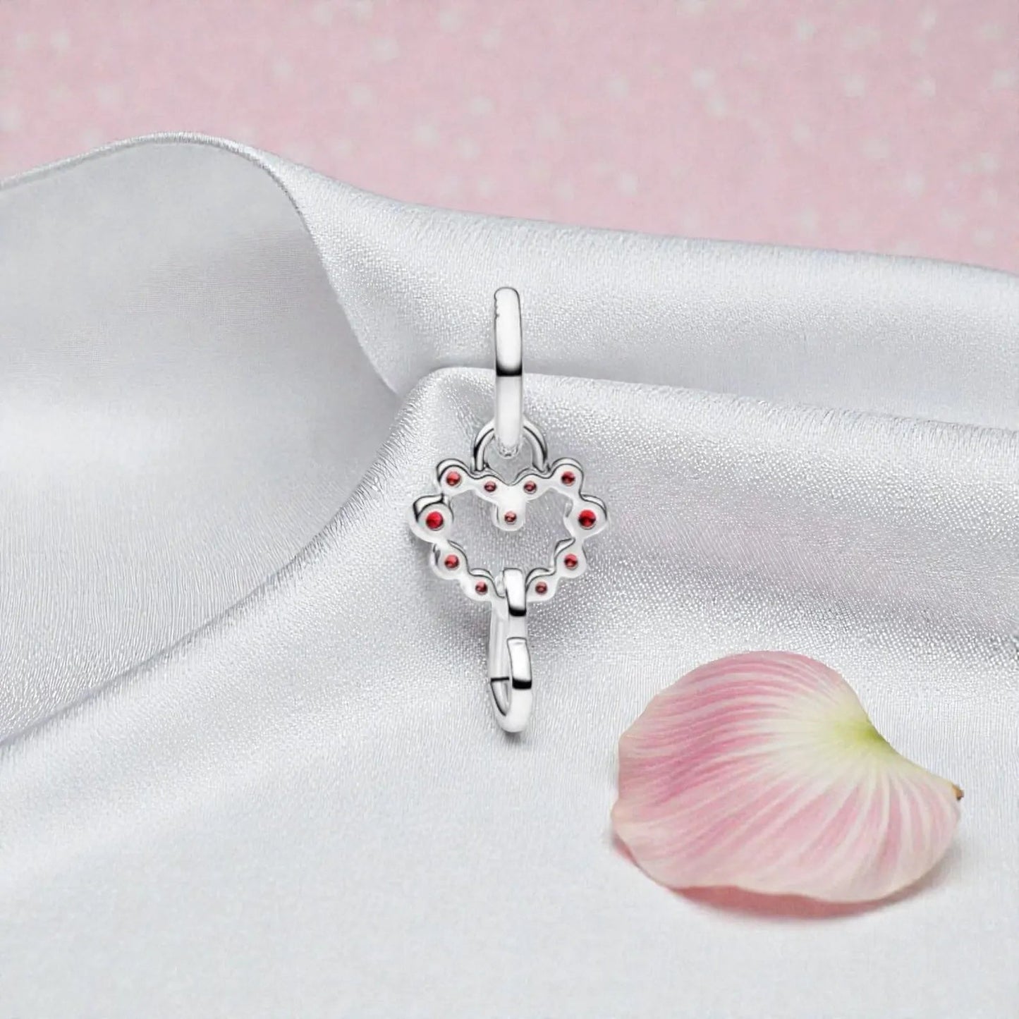 Connected Hearts & Red Stones Dangle Charm S925 Sterling Silver