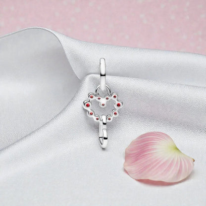 Connected Hearts & Red Stones Dangle Charm S925 Sterling Silver