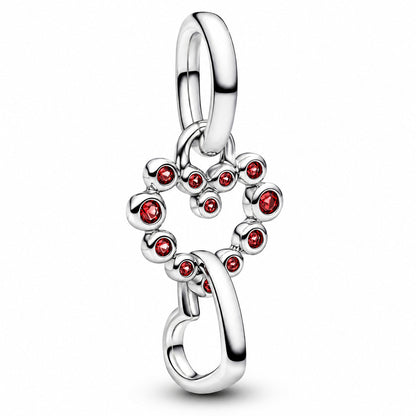 Connected Hearts & Red Stones Dangle Charm S925 Sterling Silver