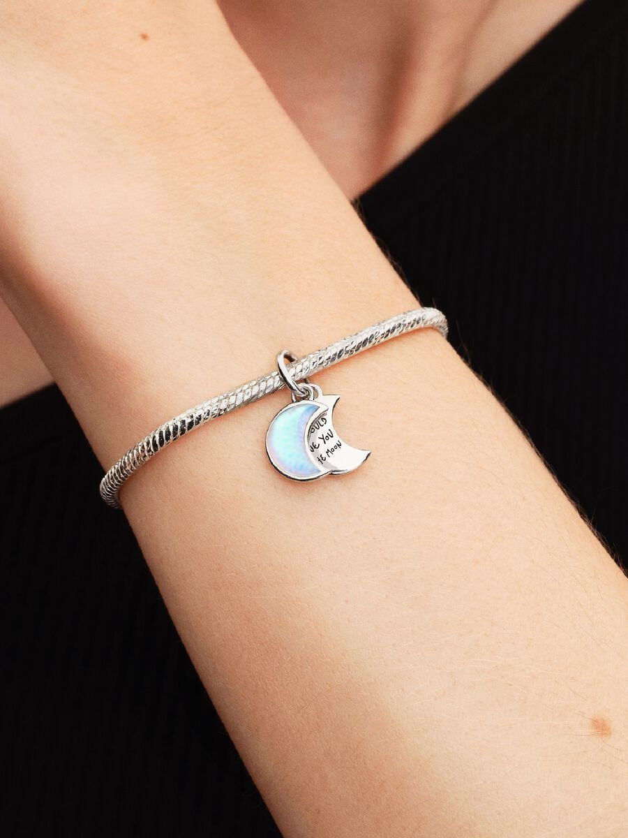 Crescent Moon Double Dangle Charm Hallmarked S925 Sterling Silver